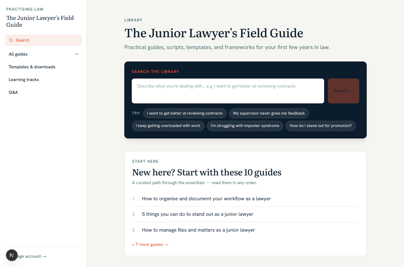 The library home page — AI-powered search with example prompts and a curated Start here list